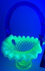 Mint       Fenton Topaz Uranium Glass Opalescent Hobnail Hat Basket Cobalt Glows