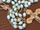 Vintage Blue Opaline Glass Bead Italy Cross Christian Catholic Rosary Necklace
