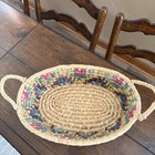 Vintage Coiled Raffia Grass Basket With Colorful Geometric Pattern