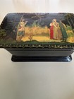 Russian Folk Art Black Lacquered Trinket Box Red Interior Hand Painted Read
