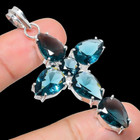 London Blue Topaz Gemstone Handmade 925 Sterling Silver Jewelry Cross Pendant