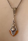 Vintage Necklace Art Deco Brass Pendant W  Antique Amber Topaz Czech Glass