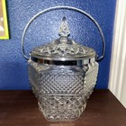 Vintage Anchor Hocking Wexford Ice Bucket  W lid   Handle Cut Glass Chrome Nice 