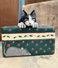Green Wooden Hinged Trinket Box Black   White Tuxedo Cat   Gray Mouse Folk Art