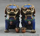 Old Pair Fengshui Bronze Cloisonne Guardion Foo Fu Dog Lion Beast Statue