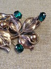 Vintage Large Brooch Green Rhinestone Flowers 12k Gold Filled Sterling Silver 
