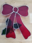 Leaded Stained Glass Christmas Red Bow With Holly Hanging Window Suncatcher