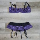 Vintage Escante 2 Pc Lingerie Set Balconette Bra Garter Belt Purple Lace Small S