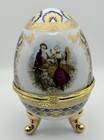 Vintage Italian Porcelain Egg Trinket Box Blue Gold Rococo Couple Hinged 5   