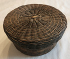 Vintage Woven Wicker Sewing Basket W  Lid Brown Lined 8  Diameter