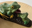 Vtg Cast Iron Mechanical Coin Bank Featuring Two Frogs Bullfrogs