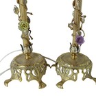 Antique French Ormolu Lamps Pair Ornate Brass Porcelain Roses 14 5 