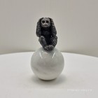 Vintage Black Cast Metal Monkey On Gray Marble Ball 4 25  Tall  Free Standing