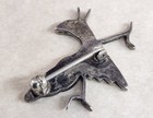Vintage 1940 s Zuni Roadrunner Brooch Inlaid  Onyx Mop Coral Sterling Silver