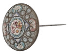 Antique Micro Mosaic Hat Pin     Large 1-5 8  Diameter Floral Medallion     3  Long