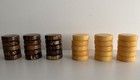 Vintage Crisloid 30 Bakelite Backgammon Game Chips Brown Yellow Swirl Dice Cube