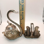 Vtg Silver Plate Swan Metal   Glass Sugar Jam Jar W  Spoon   Salt Pepper Shakers