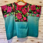 Vintage Guatemalan Huipil Cape Xl Pink Green Floral Embroidered Cotton 60s 70s