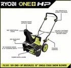 Ryobi Pblsn01 18v Cordless 18 Inch Snow Blower One  Hp Brushless Tool  only 