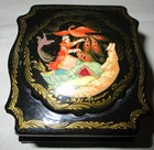 Small Vintage Russian Lacquer Trinket Box  Palekh  Signed  woman   Birds  Hinged
