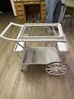 Antique Vintage Wicker And Iron Tea Cart With Original Glass Pane  White