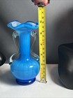 Vintage 1950s 6 Inch Hand Blown Glass Blue Vase With Double Handles