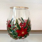 New Hand Painted Poinsettia Stemless Wine Glass Set Of 2 Chic Holiday Barware
