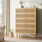 Rattan 5 Drawer Dresser For Bedroom Wood Furniture Storage Organizer Cabinet