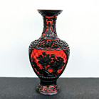 Vinatge Chinese Carved Red   Black Cinnabar Lacquer Brass Vase