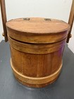 Antique Wooden Firkin 6 5  Miniature Sugar Bucket Sewing Basket Hinged Lid Rare
