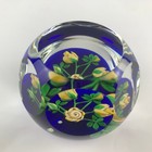 Perthshire 1992d Yellow Rose Bouquet Lampwork Flower Blue Faceted Paperweight
