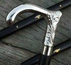 Solid Silver Walking Stick Round Head Handle   Vintage Antique Wooden Cane Gift
