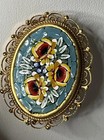 Beautiful Vintage Italian Micro Mosaic Floral Brooch pin  Gold Tone