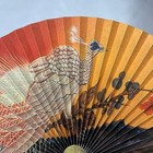 Vtg Paper Cockade Fan Orange   Gold Peacock With Flowers Plastic Handle