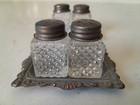 2 Sets Vintage Mini Cut Glass Salt And Pepper Shakers On Silver Plated Trays
