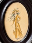 Antique Victorian Edwardian Woman Watercolor Painting In Oval Frame Rare