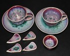 Matsuyama Gaei 2 Cups Saucers   Sake Cup   4 Spoon Rest Japanese Peacock Glaze
