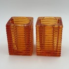 Hollowick Orange Glass Horizontal Ribbed Block Square Pair Of Candle Holders