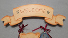 Vintage Hand Painted Wood Cat Welcome Sign Patchwork Folk Art Country Cottage