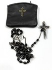 Vtg  Rosary - Sterling Silver Cross   Medals Black Beads With Pouch  - As Is 