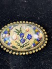 Antique Floral Flower Victorian   Edwardian Reverse Painted Carved Brooch Pin