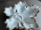 Vintage Ceramic Leaf Shape Trinket Dish Ring Holder White Gold Germany 5x4 5