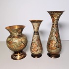 Vintage Set Of 3 Ornate Turkish Hand Etched Engraved Copper Vases