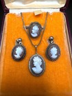 Vintage Italian Cameo 800 Silver Jewelry Set In Box Ring Necklace Earrings 