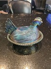 Vintage Indiana Glass Iridescent Blue Carnival Hen Candy Dish - 7  Long