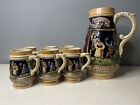 German Pitcher 9 5    And Set Of 6 Beer Mugs 4 5     People Dancing Made Germany Vtg