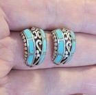 Southwestern Sterling Silver Turquoise Curved Huggie Pierced Vintage Earrings