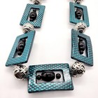 Vtg Art Deco Enamel Link Necklace Dots Rectangular Teal Green Black Oval Beads 