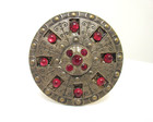 Antique Hatpin Large Brass Disc Red Glass Accents