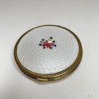 Vintage Guilloche Enamel Compact White W pink Rose Gold Mesh With Powder Puff
